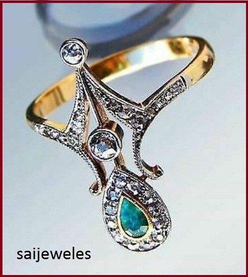Art Deco 2CT Lab-Created Green Emerald Antique Vintage 14K Yellow Gold Over Ring