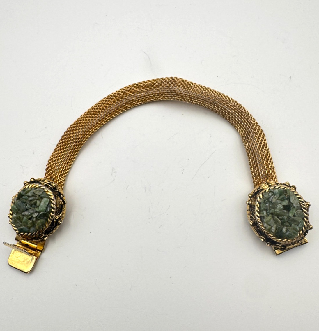 Vintage Mesh Bracelet Gold Tone Milanesi Wrap Raw Green Chip Stone