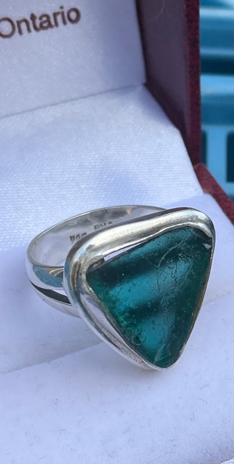 Vintage STERLING RING Aqua Sea Glass Shard Caribbean Blue Signed FNA Size 7.25