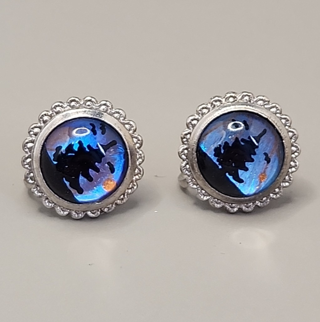 Vintage Blue Morph Butterfly Earrings Screw Back Silver Tone Painted Tree 16mm