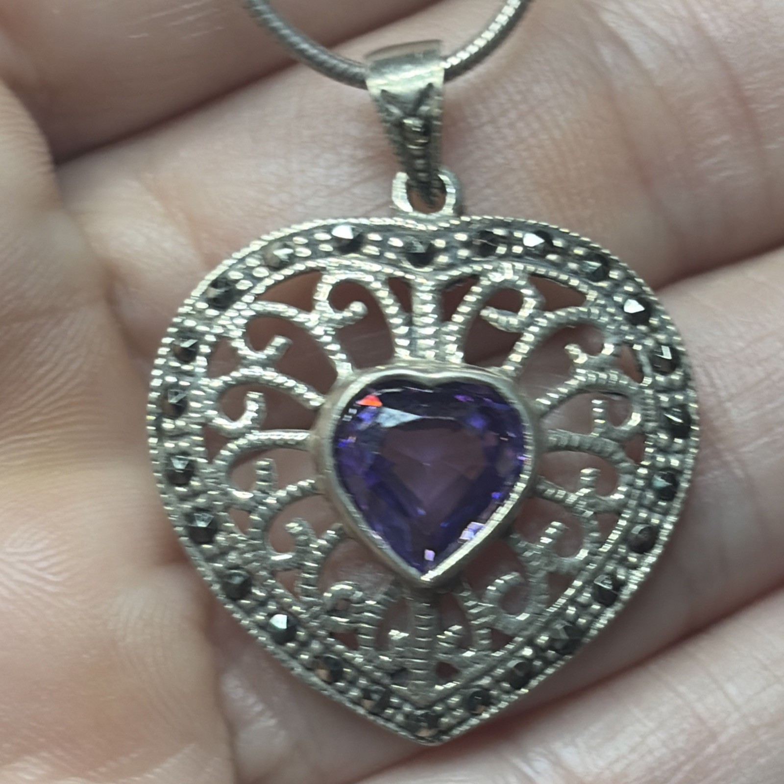 Vintage Sterling Silver Amethyst Heart Necklace Signed AGI 925 22”