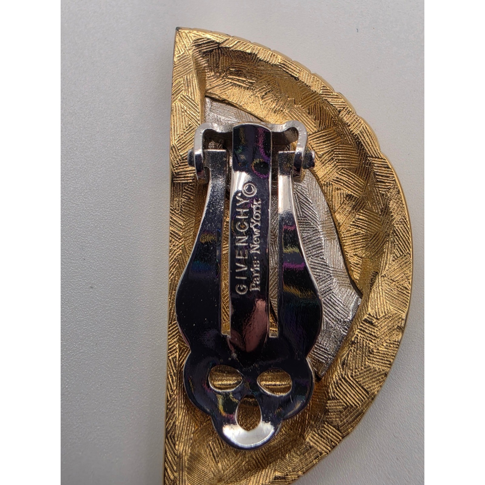 Givenchy Vintage Two Tone Gold Silver Rhinestone Ribbed Fan Clip On Earrings