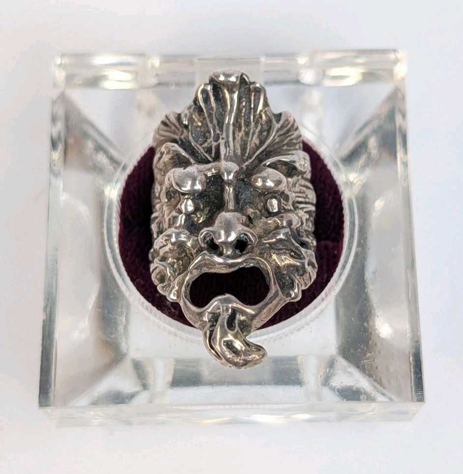 Unisex 60s Handmade Sterling Silver 999 Pagan Green Man Of The North Ring Sz 7