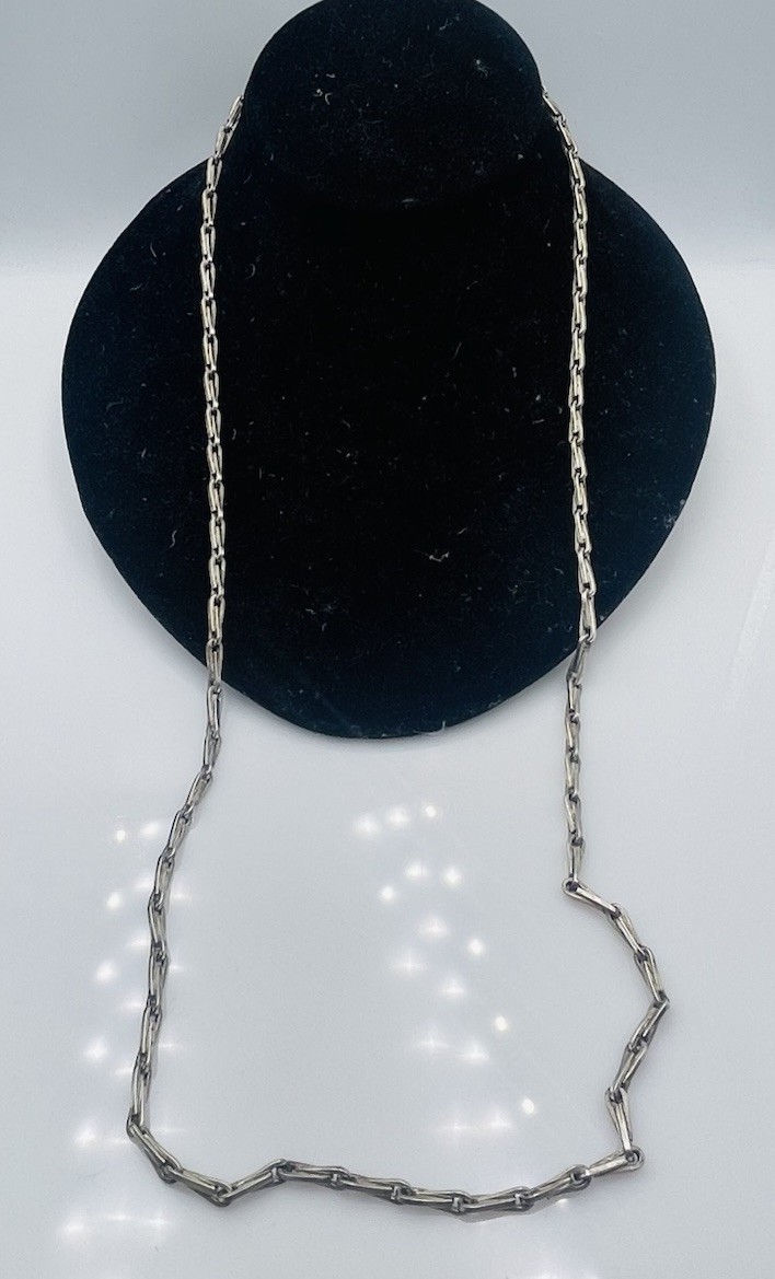 Antique Sterling Silver Elongated Bar & Loop Link Chain Long Necklace 30″