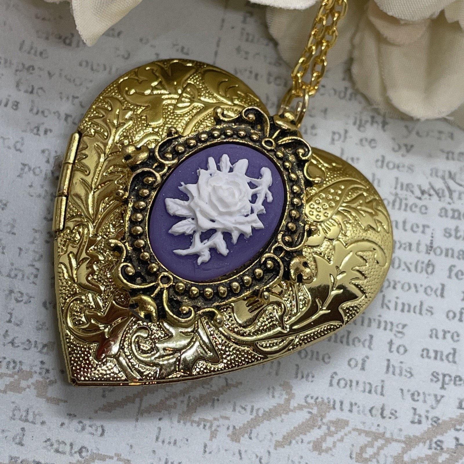 Gold Heart Locket Photo Birthday Anniversary Wedding Purple Rose Cameo Necklace