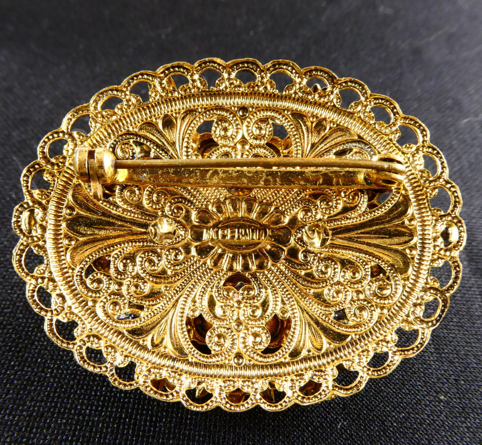 Vintage West Germany Opaline Pink Glass & Rhinestone Filigree Pin Brooch Oval