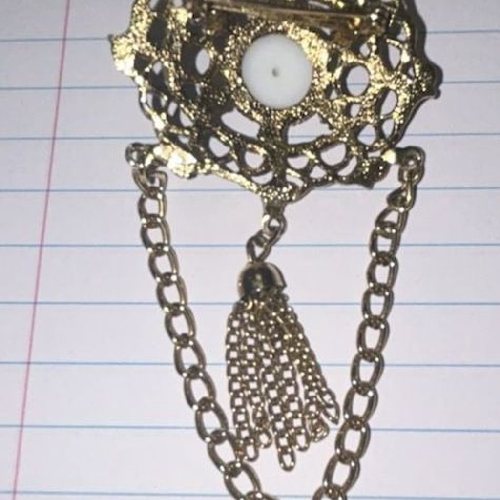 Vintage Ornate Gold Tone Filigree Brooch Faux Pearl Center Hanging Tassel Chain