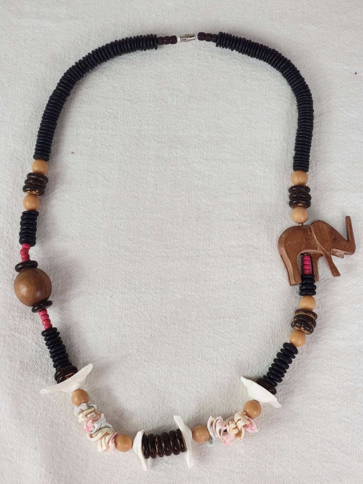 2 Vtg African Carved Wood Safari Necklaces Elephant Rhino Shell Discs Beads Boho