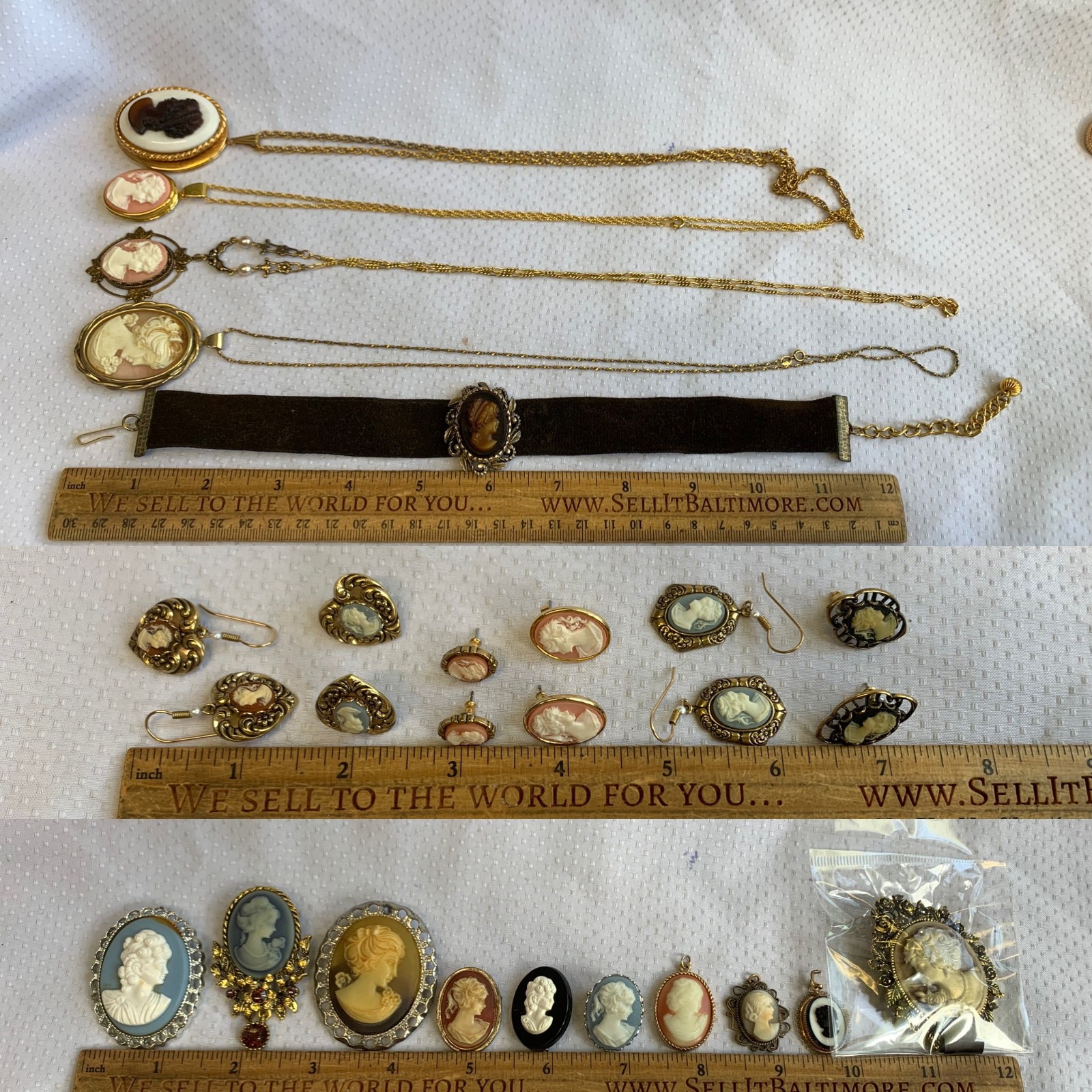 Vintage Cameo Jewelry Lot Lockets Choker Earrings Necklaces Brooches Pins