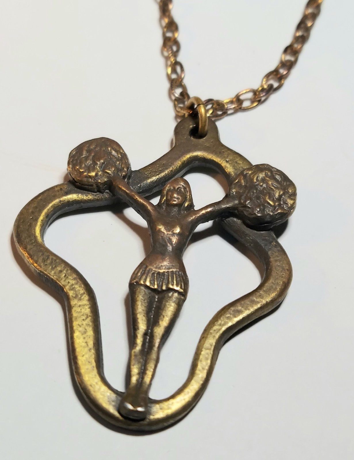 Vintage Cheerleader With Pom Poms Pendant Necklace Sports Bronze Color 24″