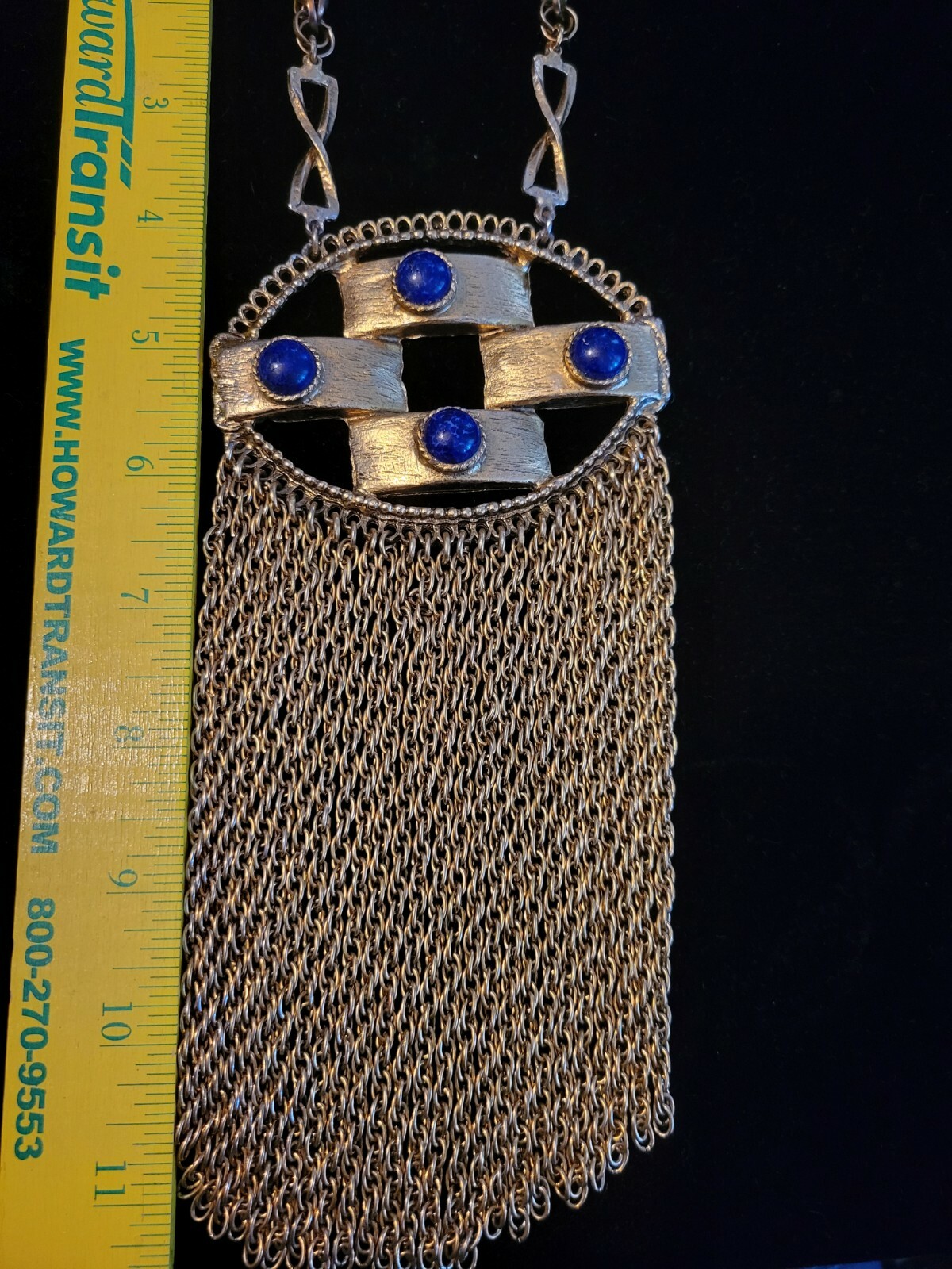 Vintage Very Large Bold Goldtone Blue Stone Edlee multi stand chain Necklace