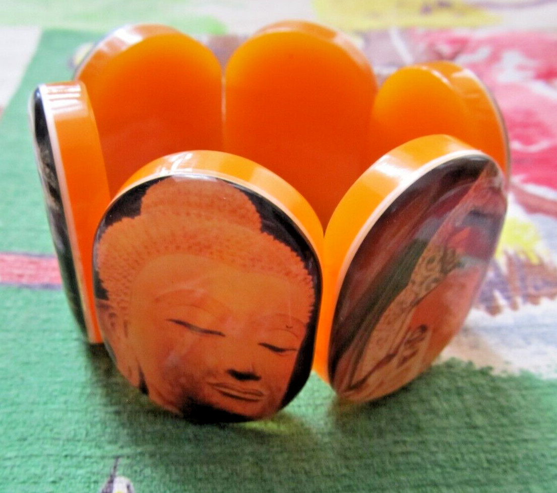 Vintage orange Acrylic bracelet with Budha images from around the world