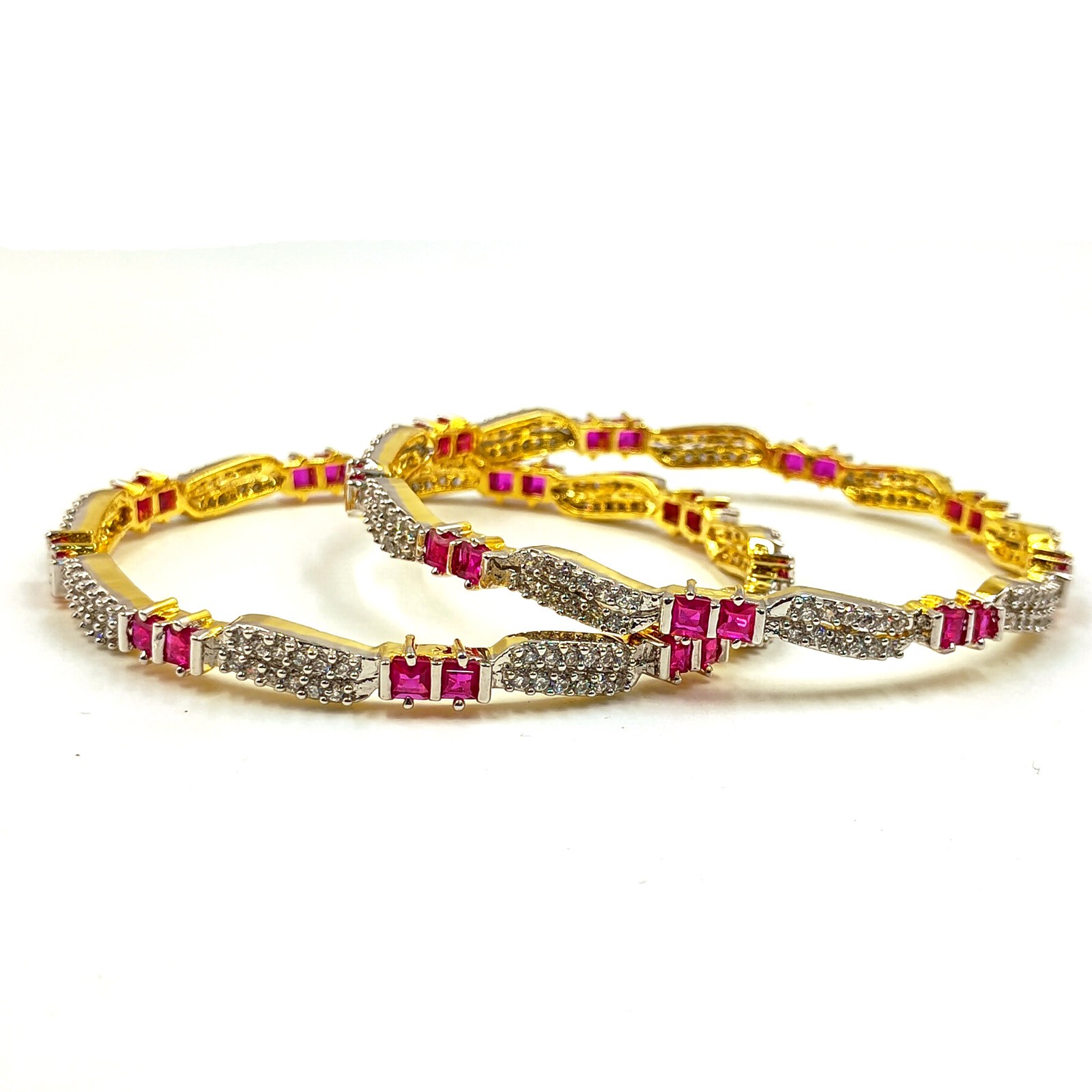 Designer Ruby & Cubic Zirconia Bangle Set Handmade 22K Gold Plated Ethnic Style