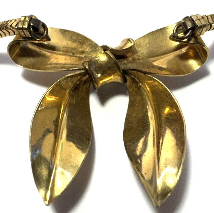 Vintage Jewelry Necklace Gold Herringbone Chain Bow Ribbon Metal Collar 17