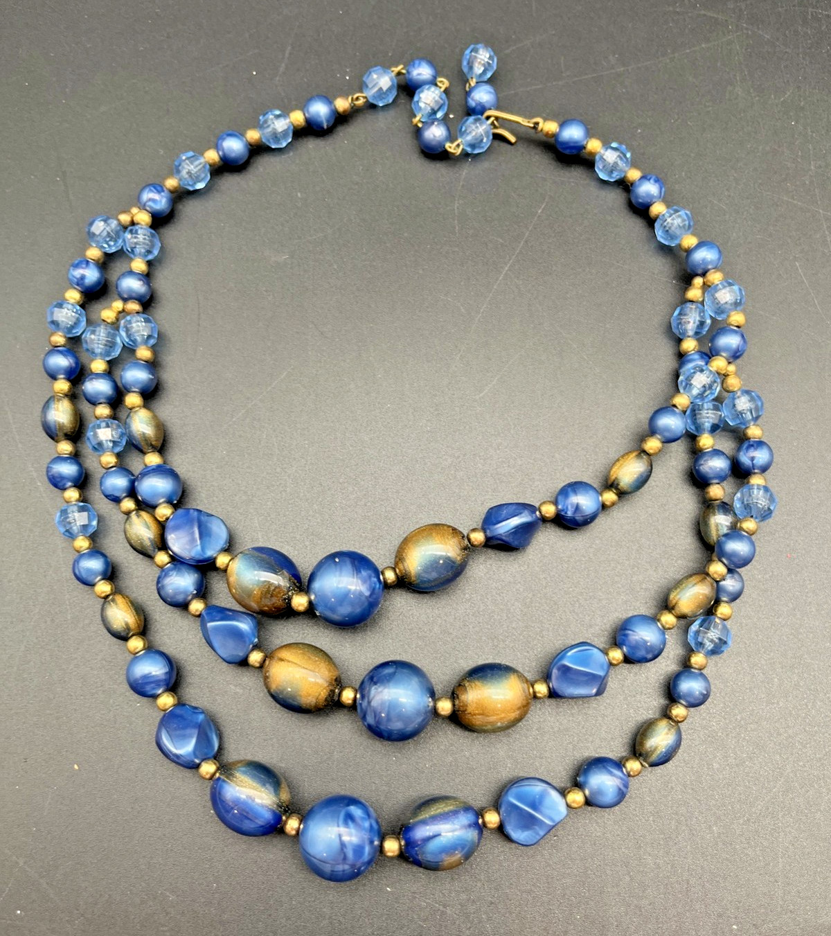 Vintage 3 Strand Cobalt Blue Lucite Bead Choker Bib Necklace (Japan/Hong Kong)