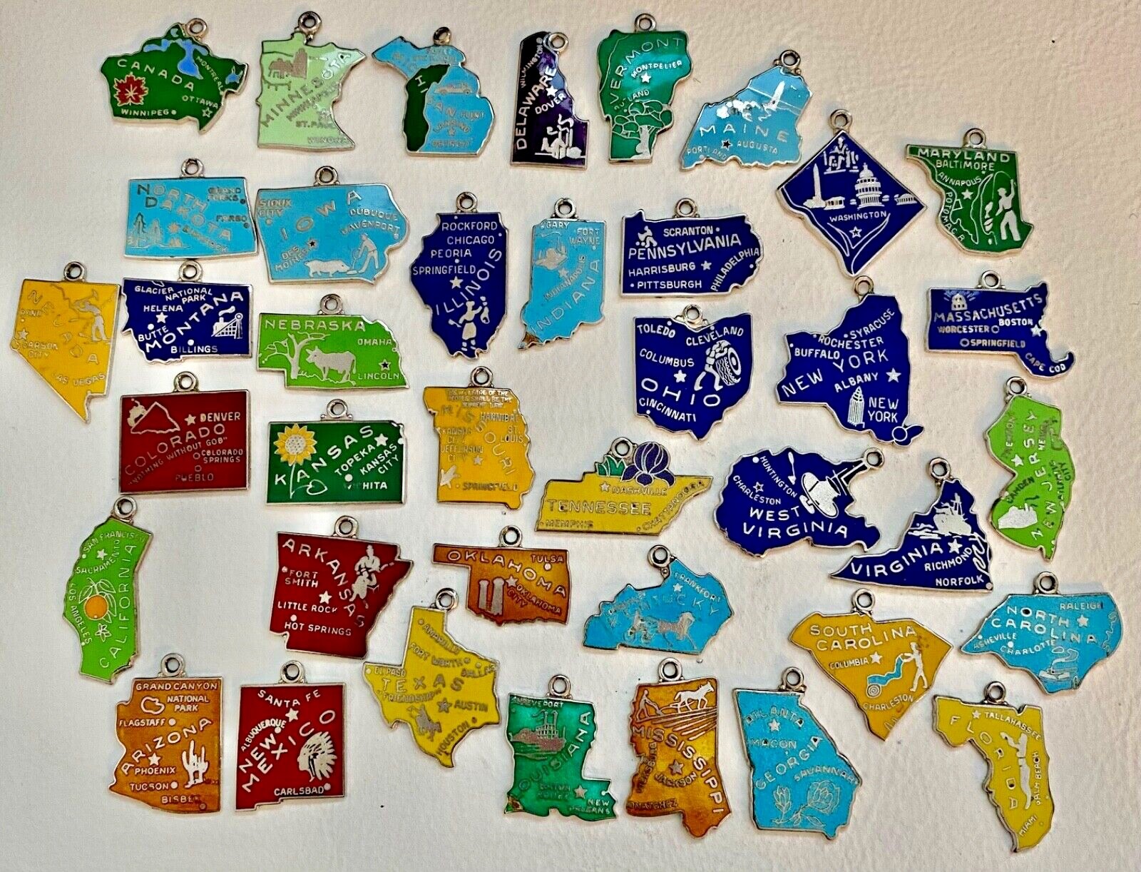Vintage WELLS Sterling Silver Cloisonné Enamel USA State MOTTO Map Charms