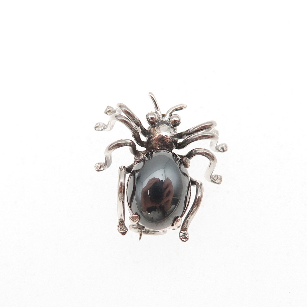 835 Silver Antique Art Deco Real Hematite Spider Oxidized 3D Mini Pin Brooch