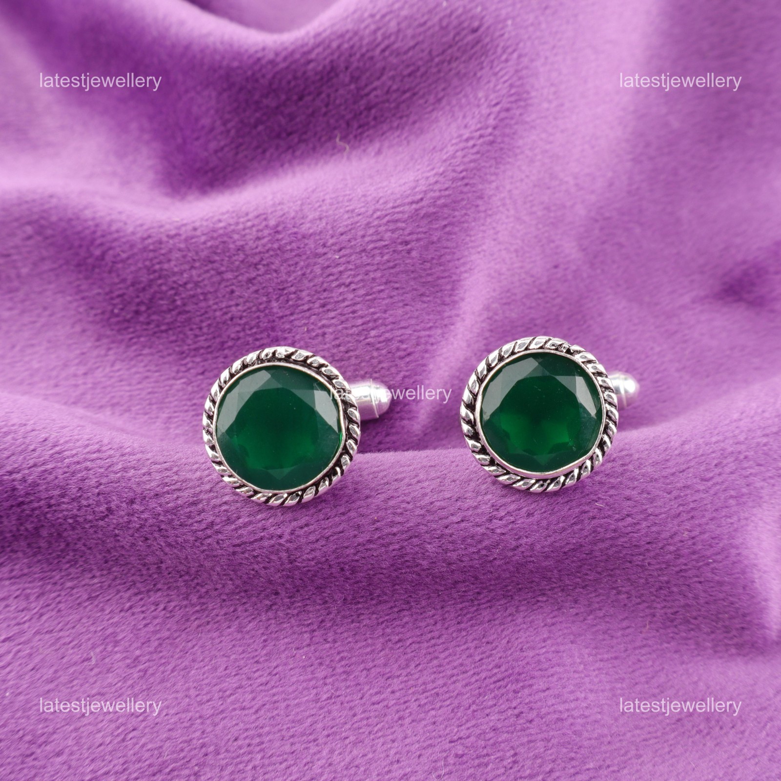925 Sterling Silver Green Onyx Stone Mens Classic Anniversary Birthday Cufflinks