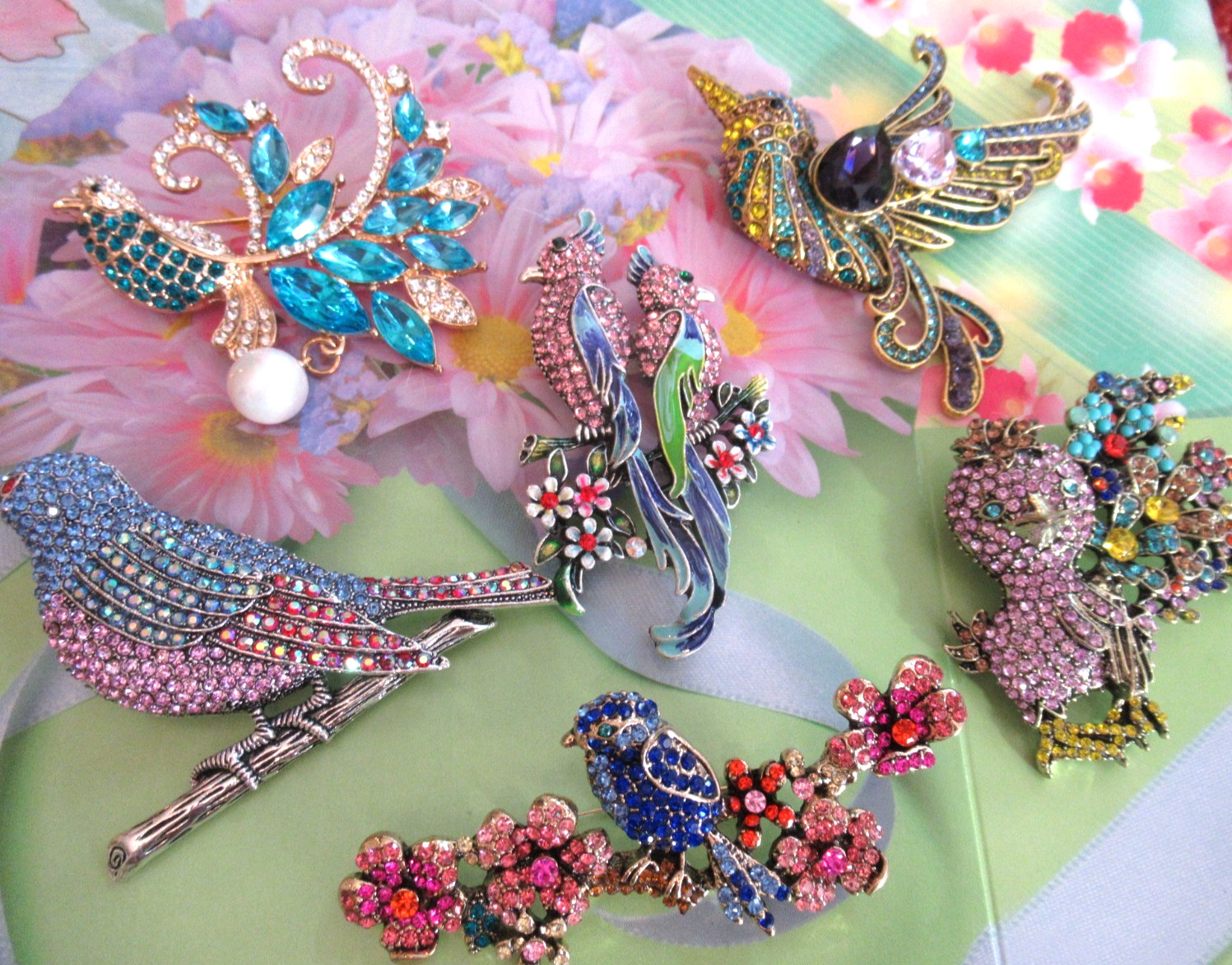 Statement LARGE Brooch BIRDS Large Rhinestone Crystal Enamel NEW