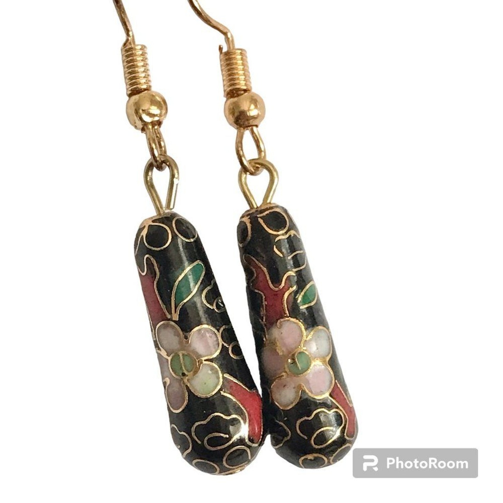 Vintage Pink Red Flower Cloisonne Earrings Black Enamel Gold Tone Taiwan Asian