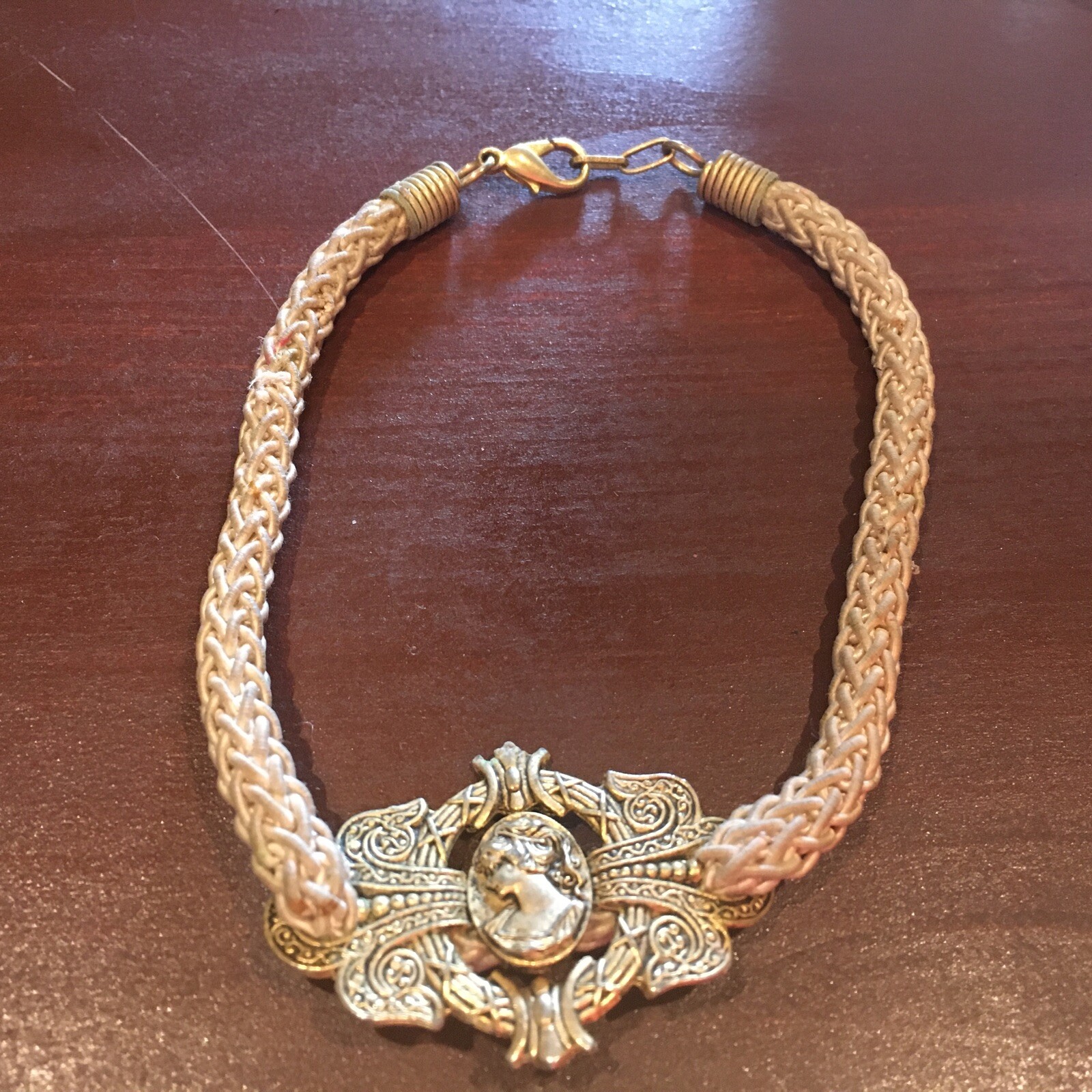 Unique Corded Necklace Bone Color And Goldstone Marked EH Victorian