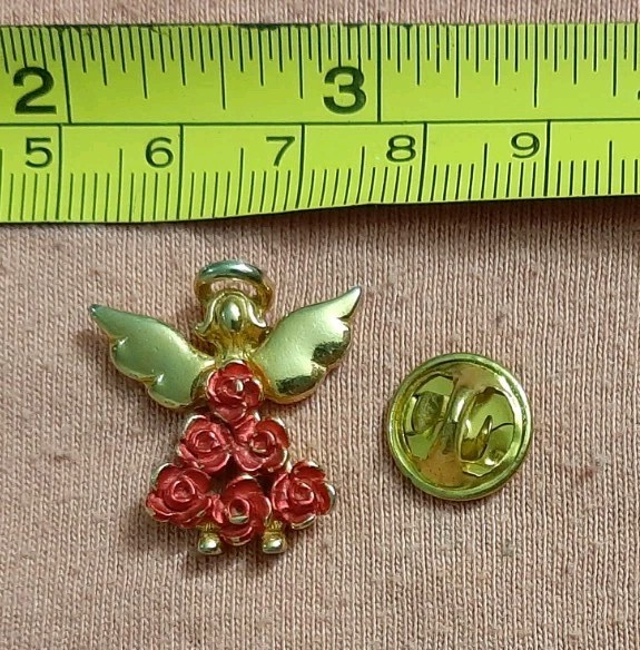 Cute Gold Tone Guardian Angel With Red Rose Dress Lapel Pin