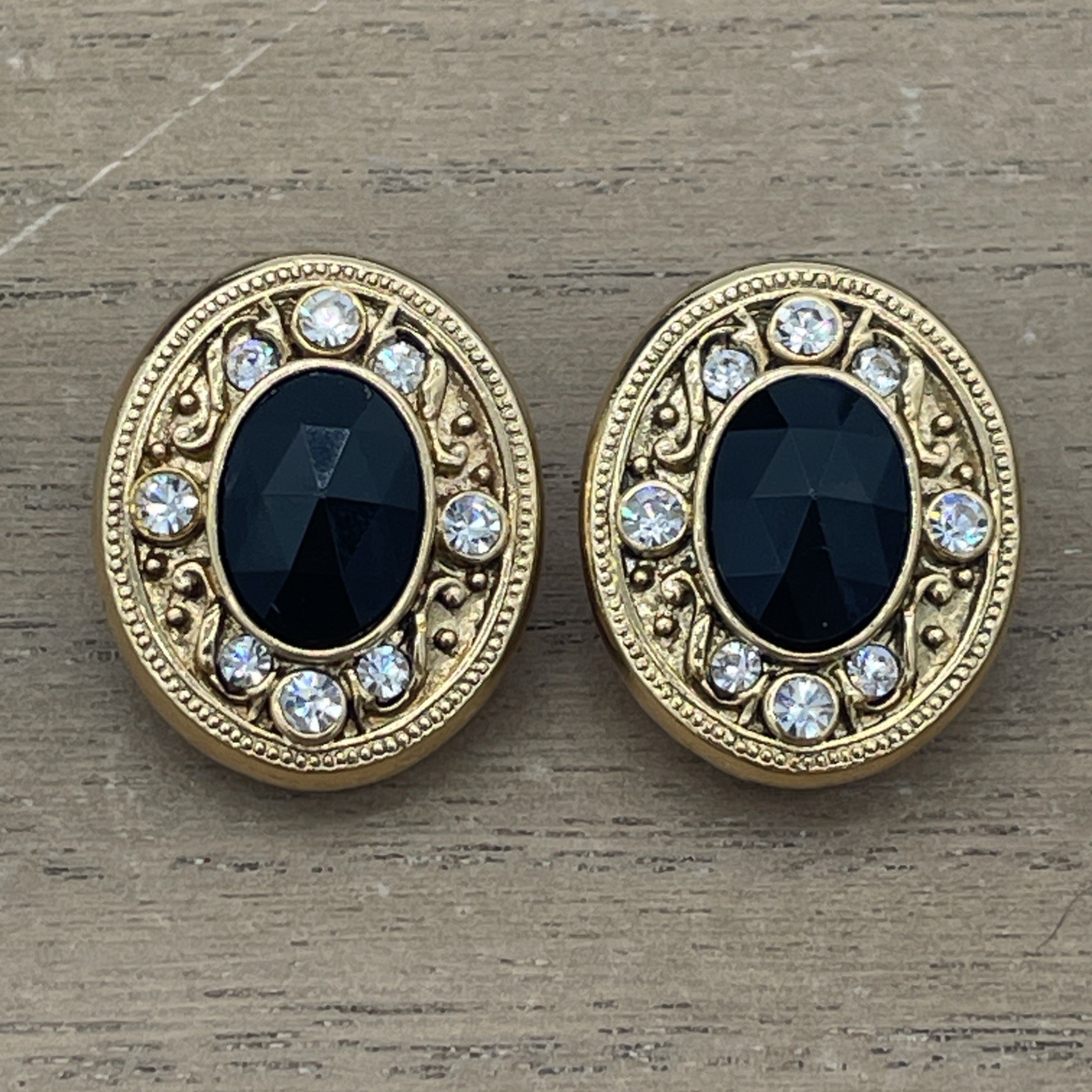Vintage 1928 Company Gold-Tone Clip On Earrings With Black Gemstone & Rhinestone