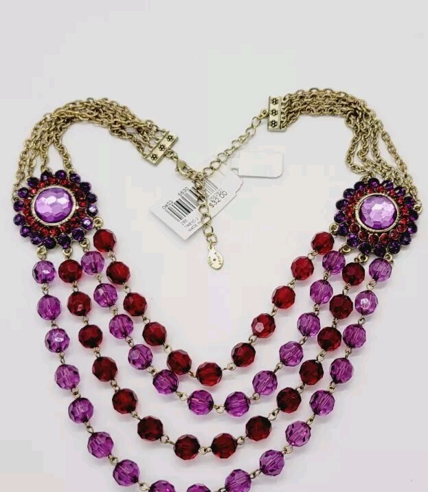 Robert Rose Purple & Red Beaded Necklace 4 Row Layered Collar Vintage WIDE 21 in