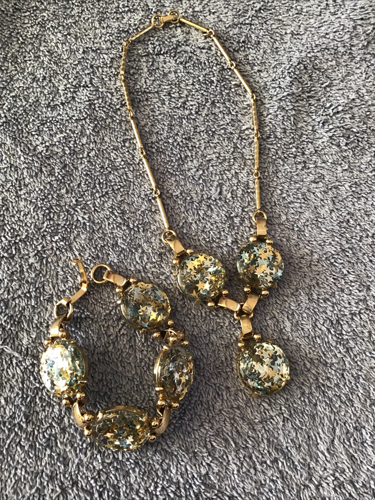 Vtg Confetti Necklace Bracelet Set Gold StarIntaglio Y Drop Pendant Choker Lot 2