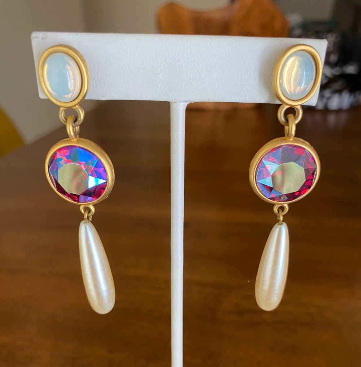 Vintage Mixed Media Dangle Earrings Opaline Glass Red AB Rhinestone Faux Pearl