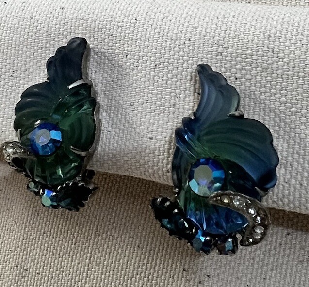 Vintage 1960s Signed EDLEE Cornucopia Molded Art Glass Blue Rhinestone Earrings