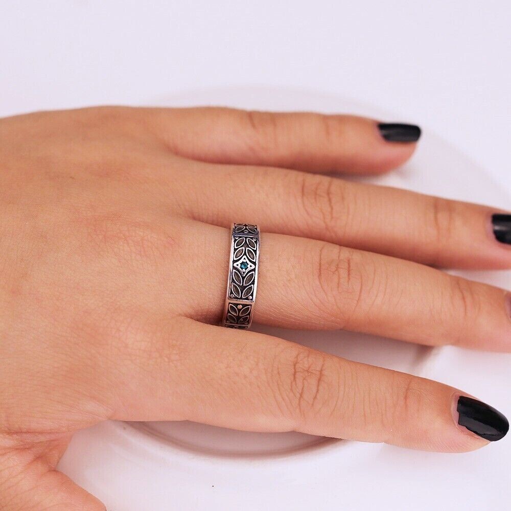 Silver Plated Retro Leaf Vintage Antique Birthday Band 1 Ct CZ Anniversary Ring