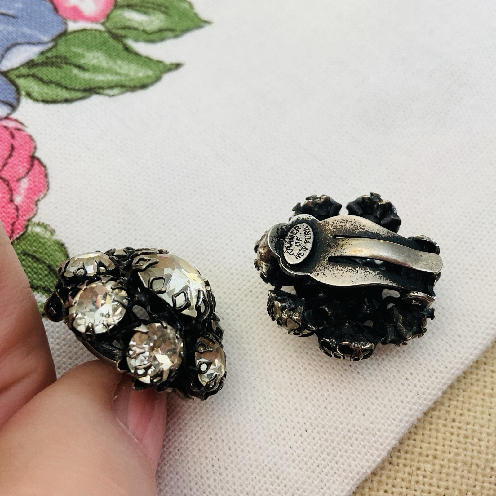 Designer Kramer New York Clear Glamor Rhinestone Japanned Earrings-Signed 1”