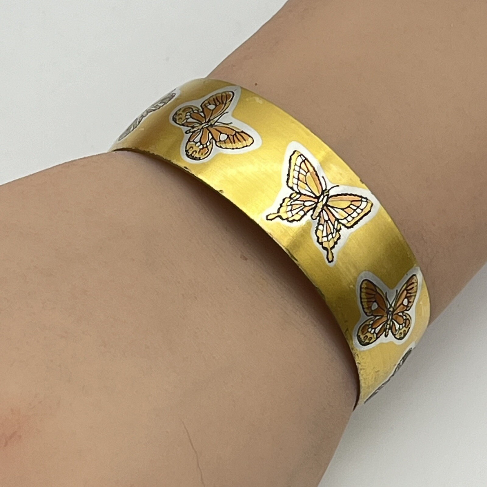 Reed Barton Damascene Butterfly Cuff Bracelet Gold Tone Etched Metal Signed