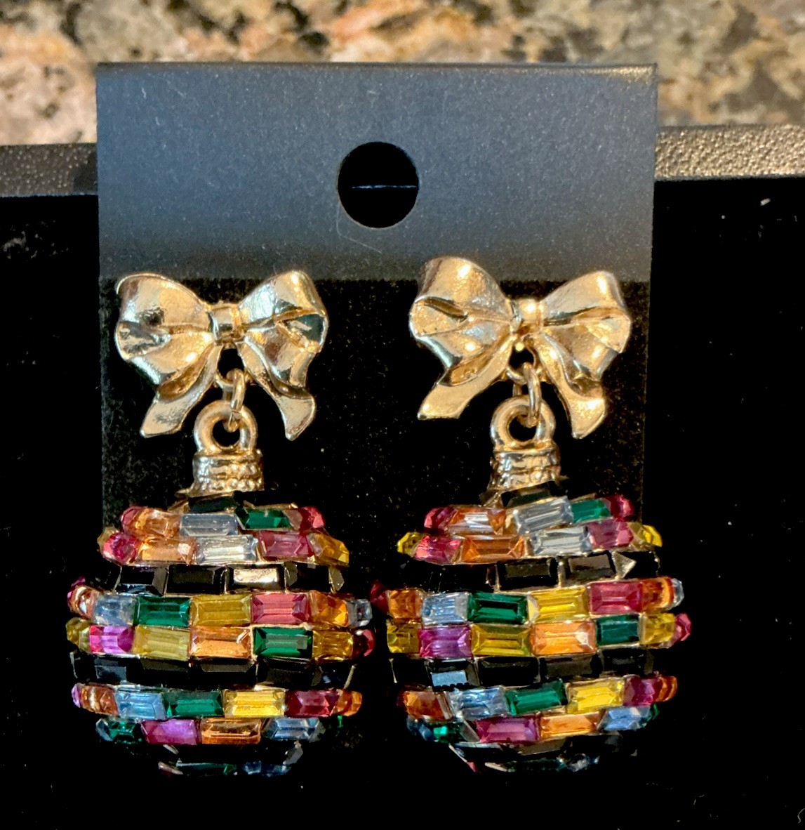 Vintage Glass Beaded Multi Color Gold Tone Holiday Ornament Drop Earrings-Rare!