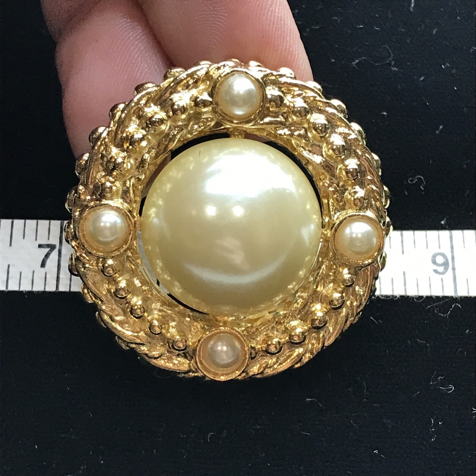 Vintage Adrianne Gold Tone Large Textured Edge Faux Pearl Clip-on Earrings