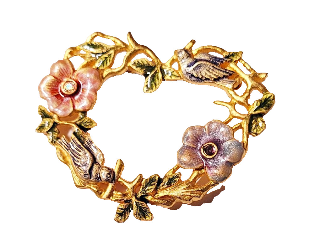 Kenneth Cole Enamel Song Birds & Flowers Heart Brooch Pin