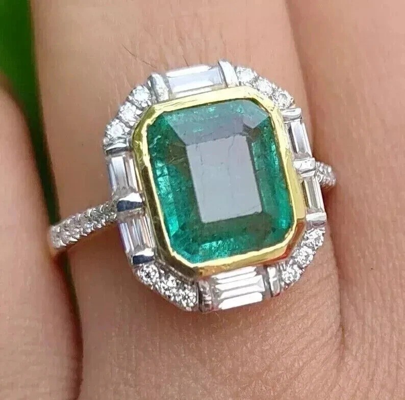 Art Deco Style Lab Created Emerald Cocktail Engagement 14K White Gold FN Ring