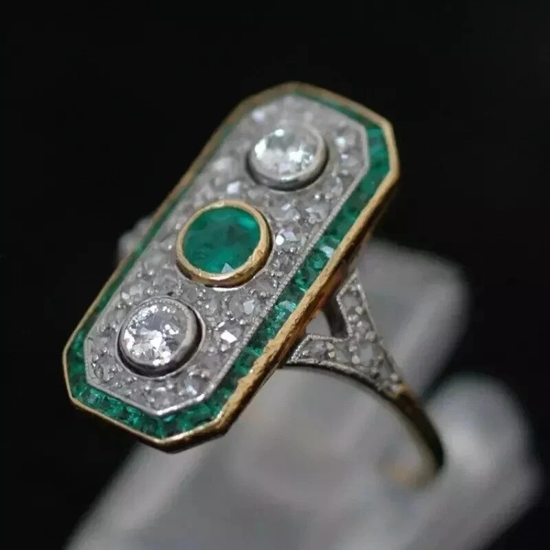 Art Deco Style Lab Created Emerald 3-Stone 14K Gold FN Wedding Anniversary Ring