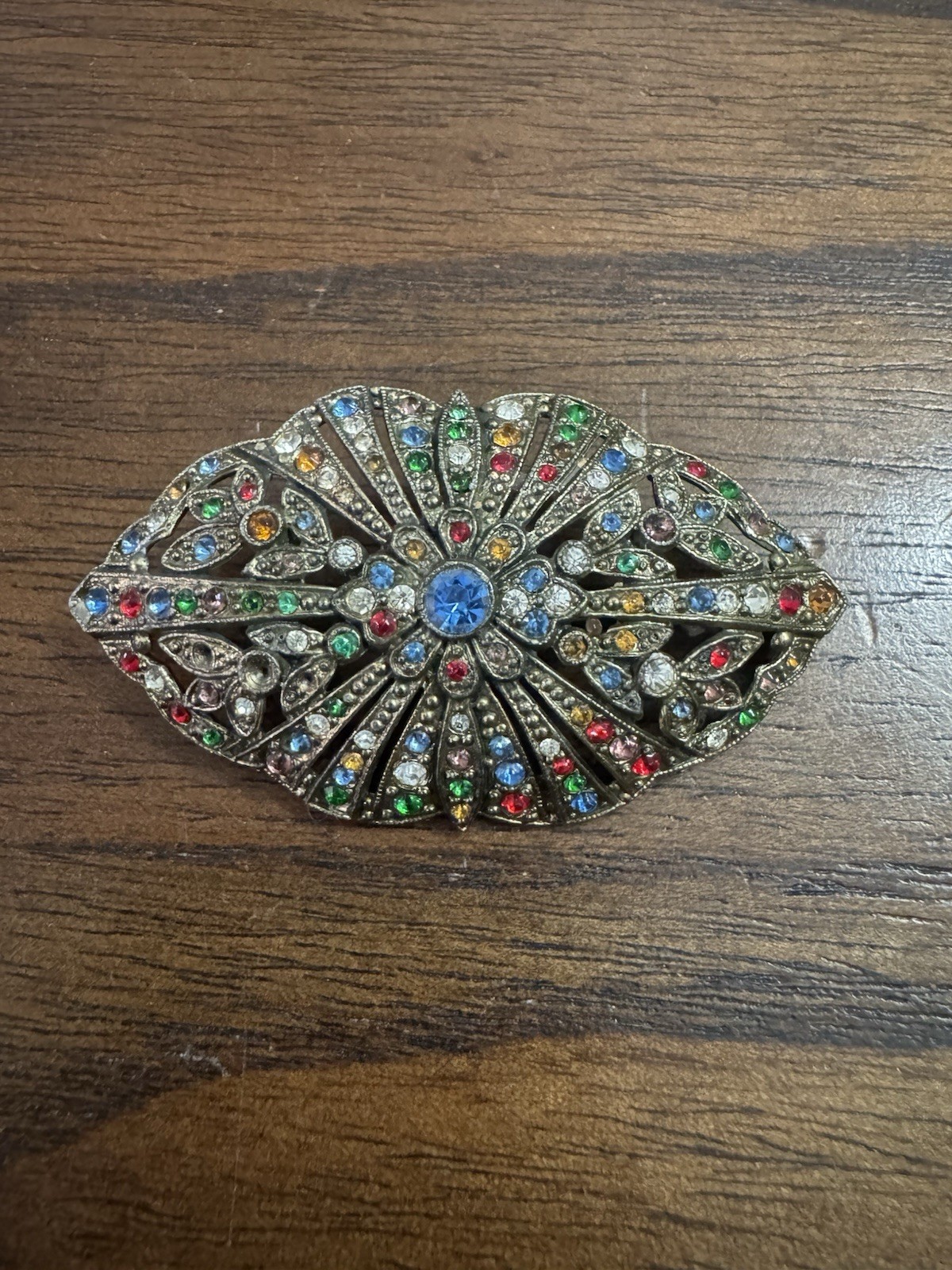 Vintage 1930’s Little Nemo Art Deco Style Brooch w Multi Color Glass Rhinestones