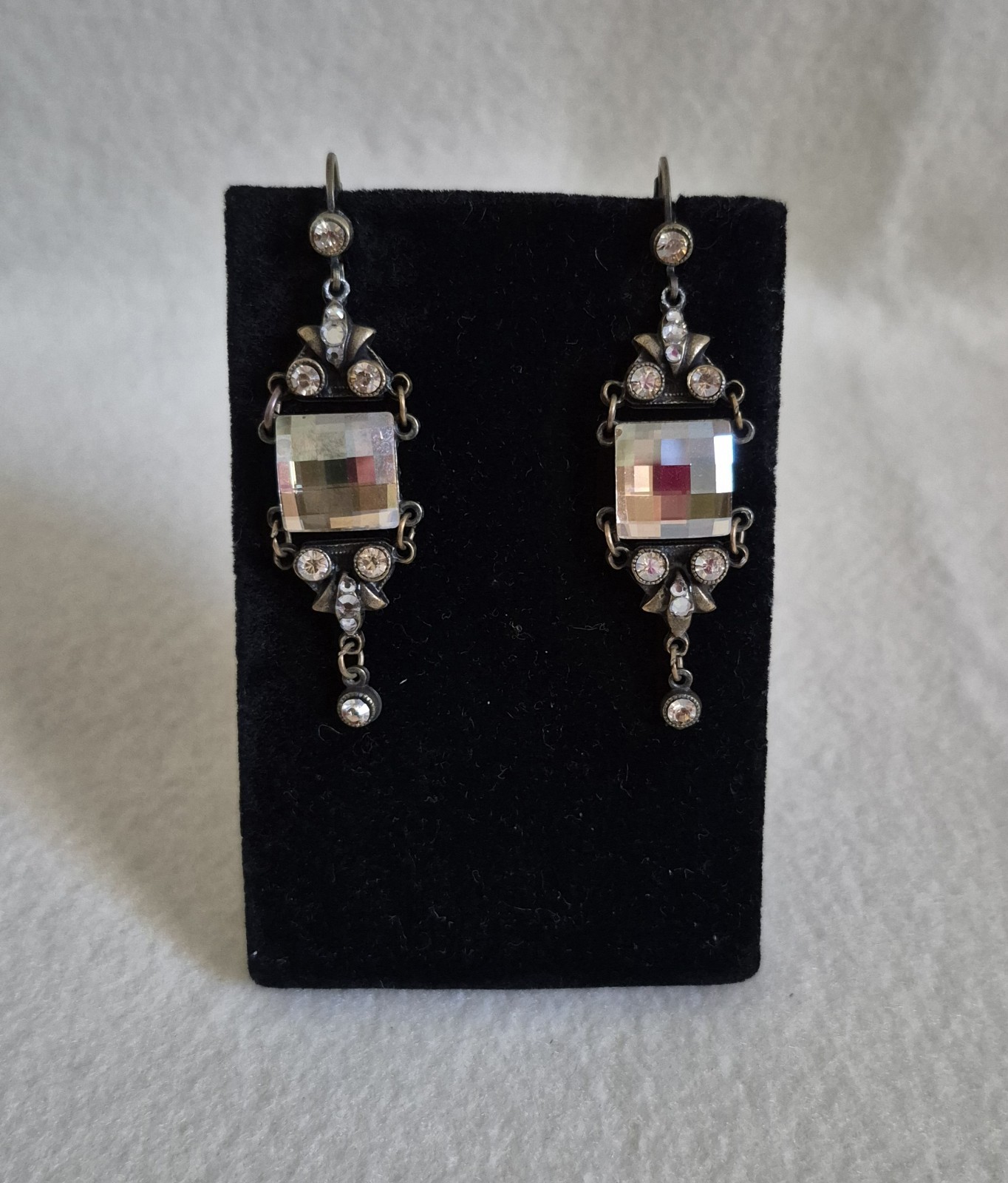 Vintage Square Iridescent Crystals Antique Tone Dangle Chandelier Earrings