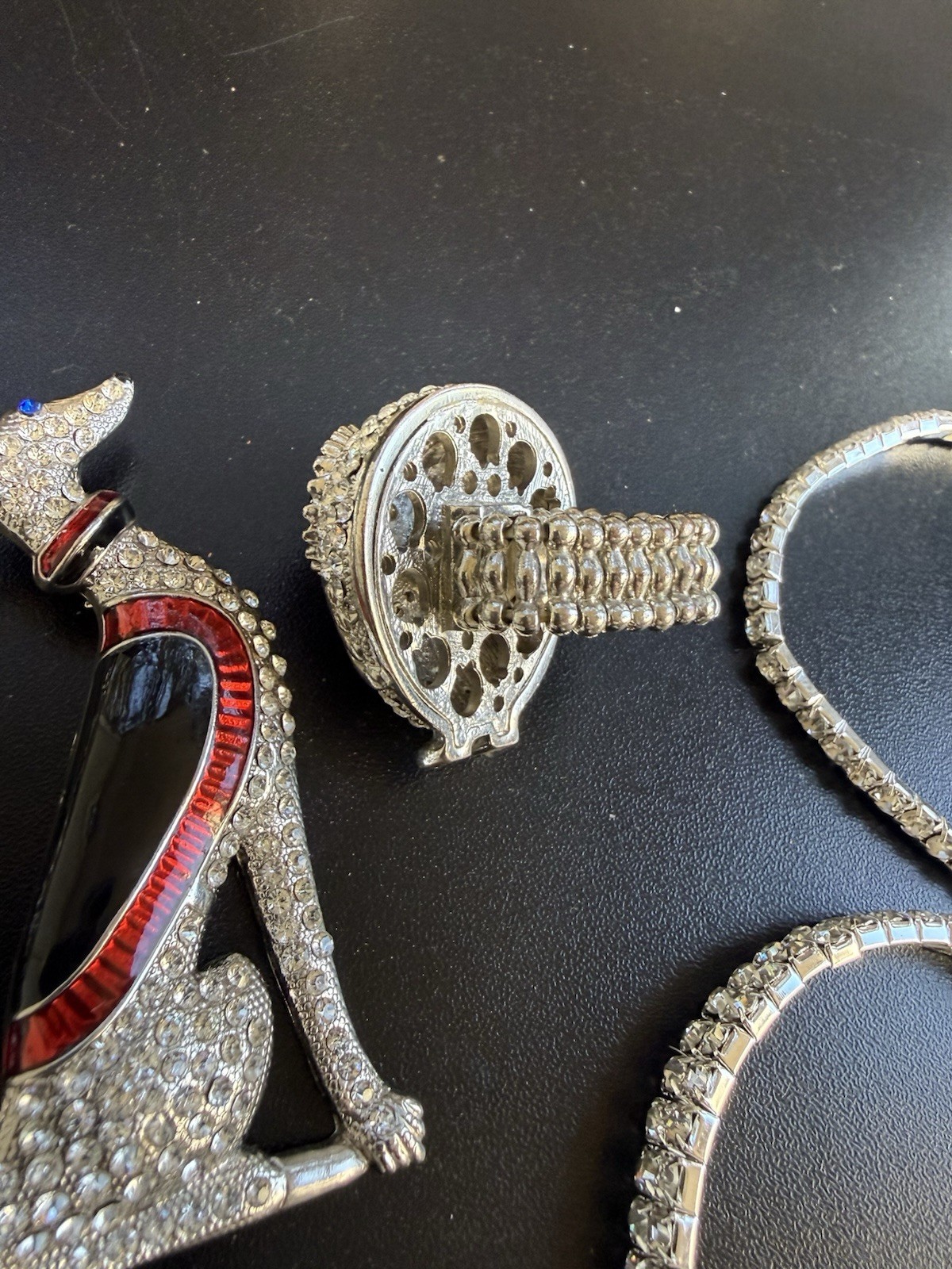 Rhinestone Jewelry Lot – 4 Bracelets, 3 Brooches & 1 Ring, All Crystals Intact
