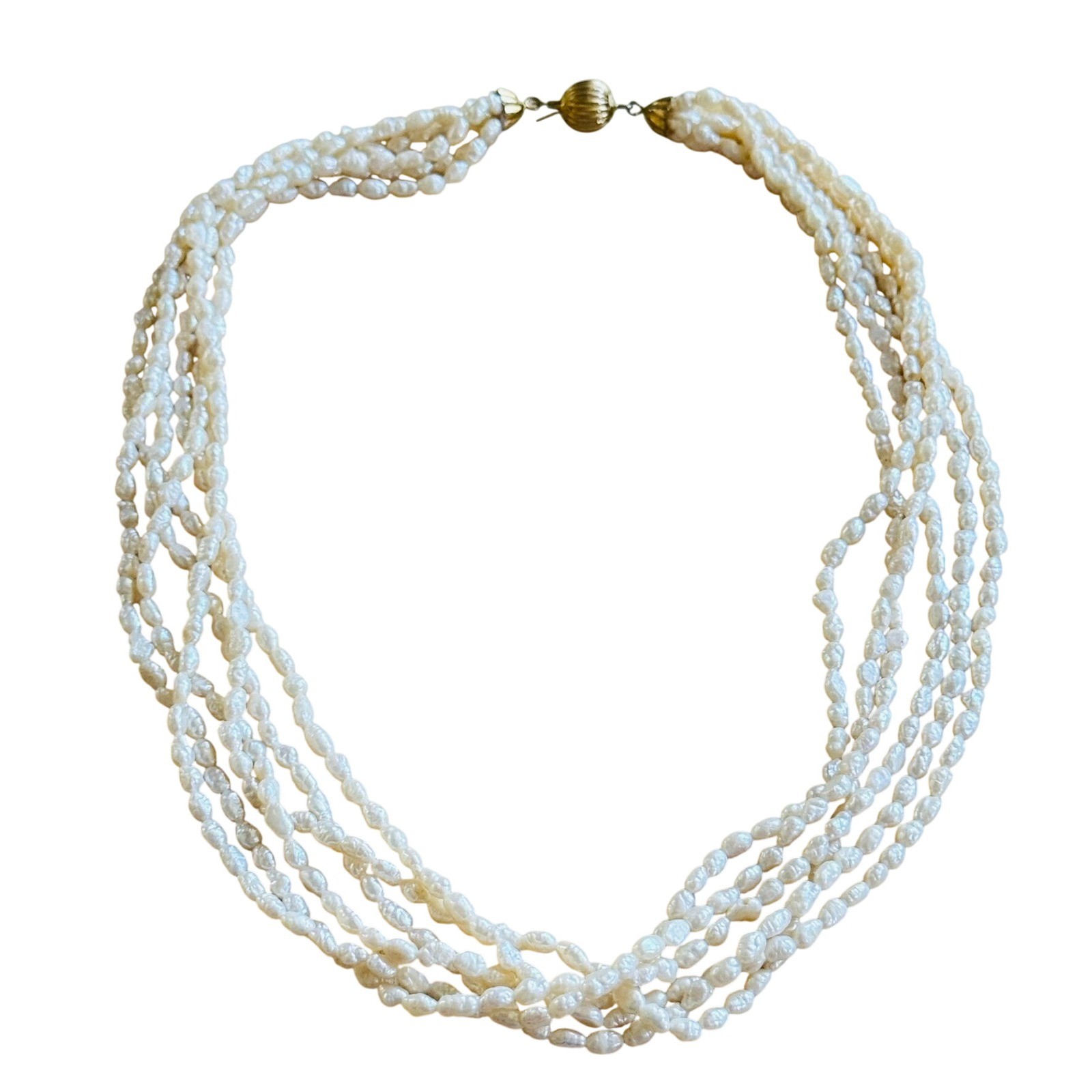 VTG Freshwater Rice Pearl Beaded Necklace Multi 6 Rows Statement Authentic 20″