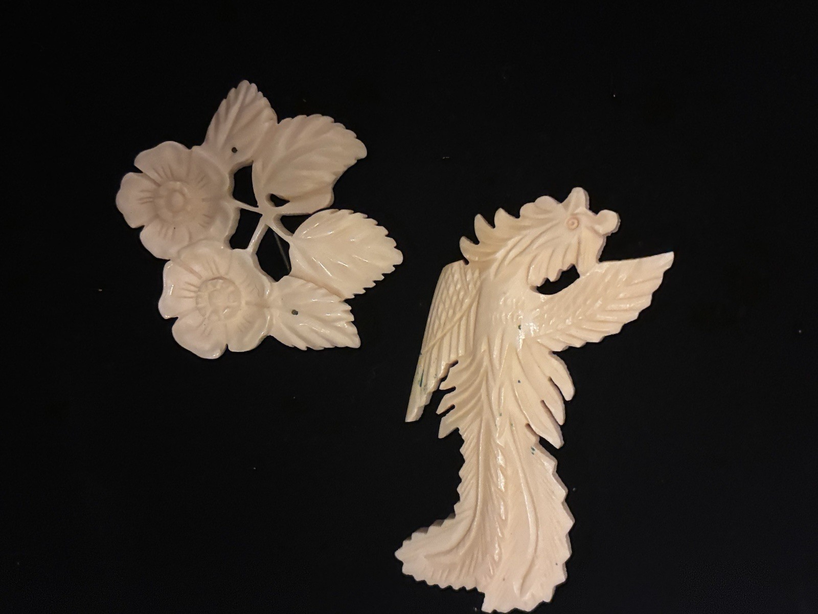 Antique Vintage Bone Brooch Chinese ? Japan? Carved Flower Bird