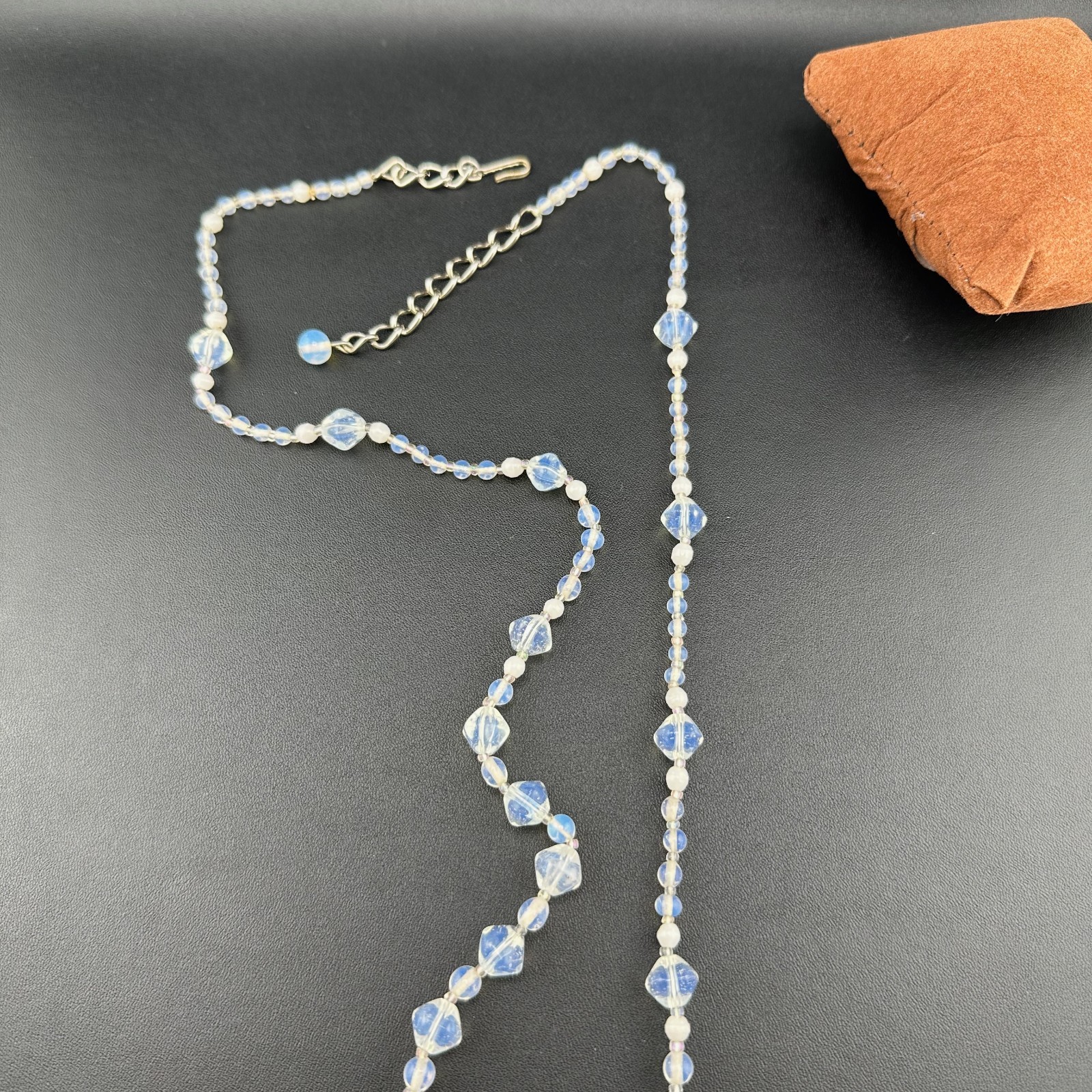 Vintage Opalite Glass Bead Necklace 31″ Faceted Round Hook Clasp Adjustable