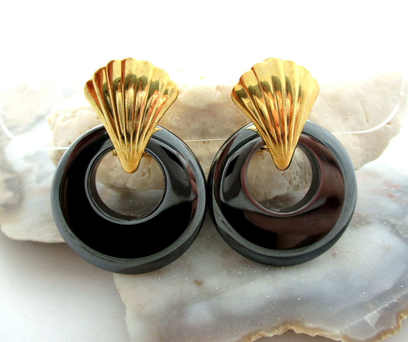 Vtg Black Hematite Hoop Stone Gold tone Door Knocker Earrings Interchangeable