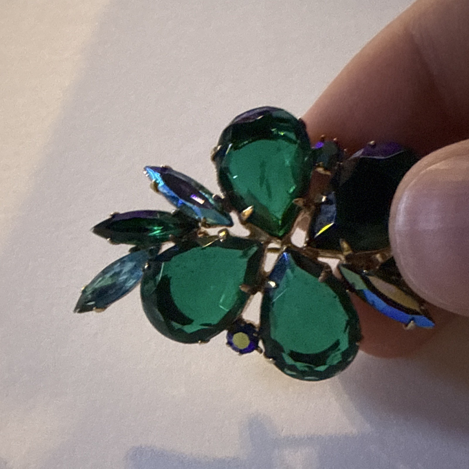 Vintage Green Flower Pearcut Large Center Rhinestone Framed by Navette