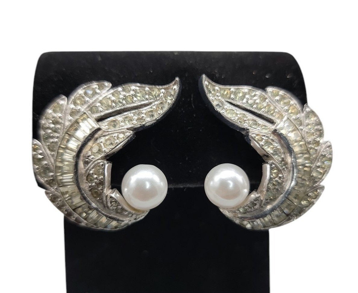 Jomaz Rhinestone Paved Winged Clip On Earrings Faux Pearl Accent Vintage Patent