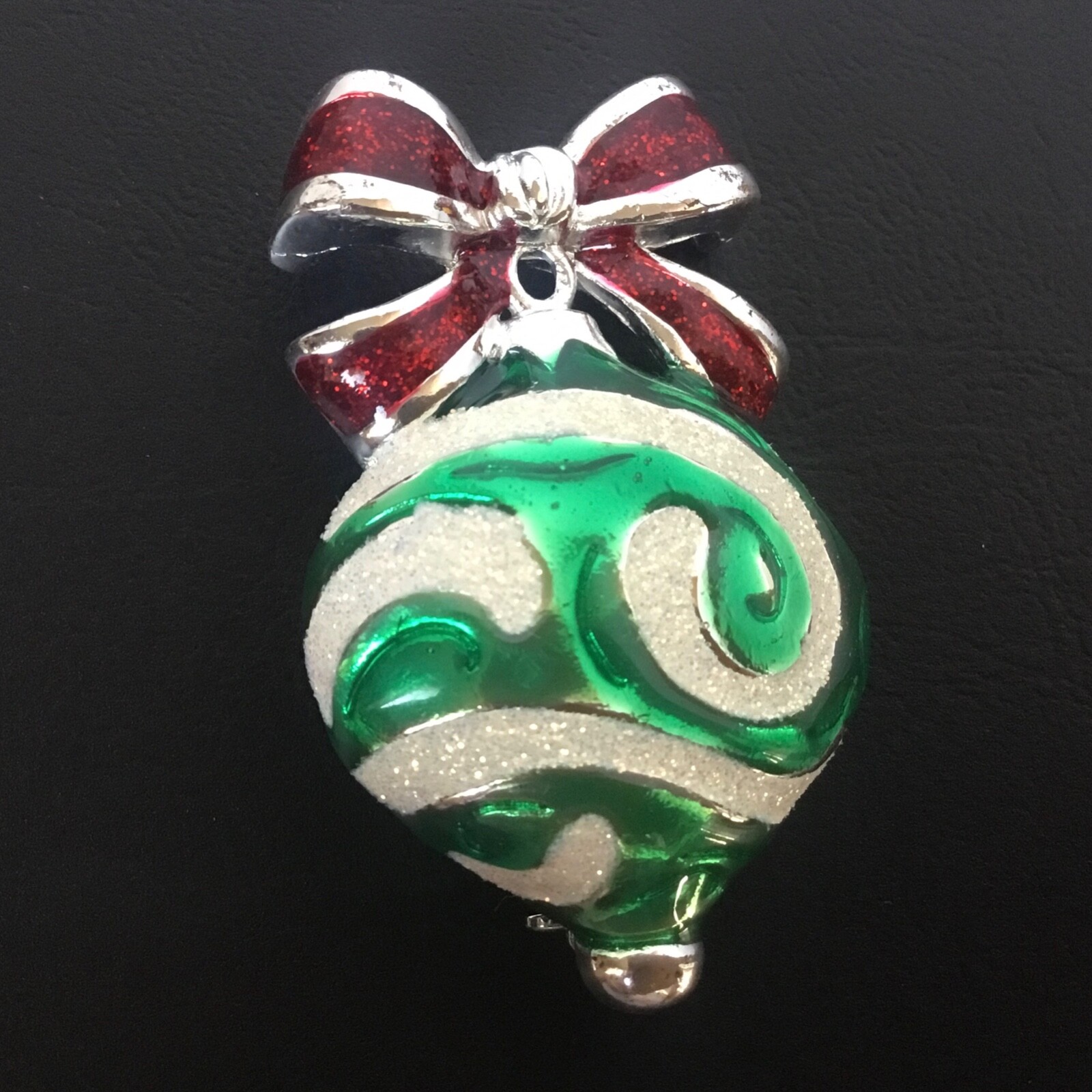 DANECRAFT Christmas Ornament Pin Silver Tone Red & Green Enamel Sparkles