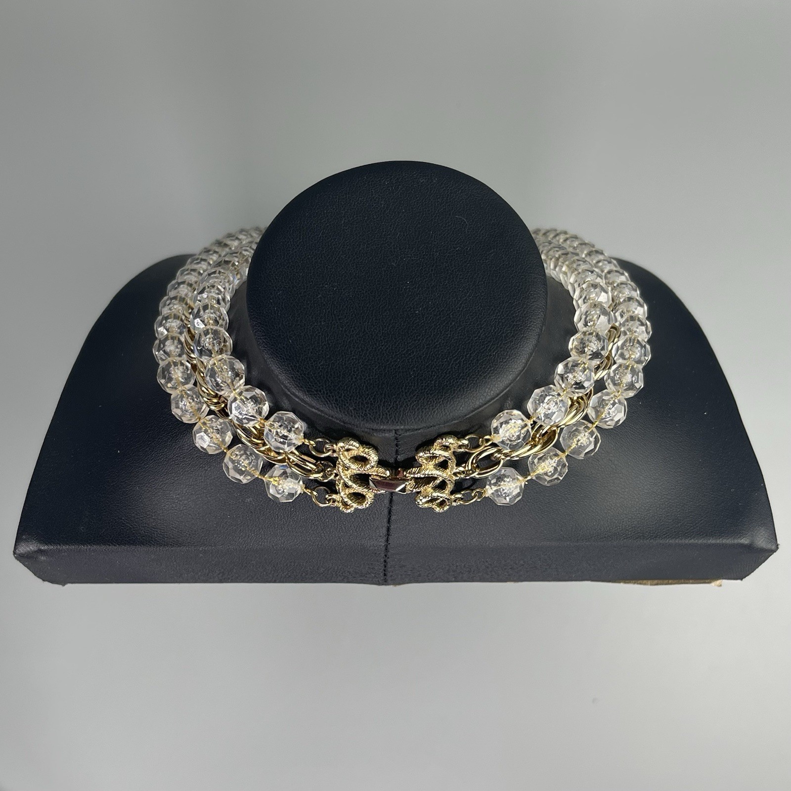 Sarah Coventry “Golden Ice” 3 Strand Clear Bead Gold Tone Necklace Signed 21”